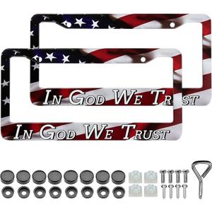 LIN KANG in God We Trust Christian License Plate Frames - 2 Pack American Flag Design Car Plate Holder Cover Universal Accessories License Plate Aluminum Car Tag Frames for Women Men US Vehicles