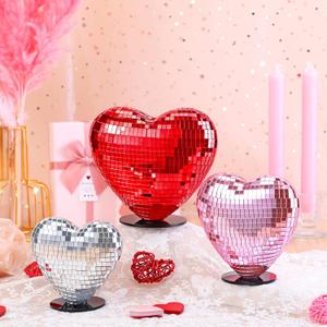 Amyhill 3 Pcs Valentines Day Disco Heart Table Decorations 6" 5" 4" Disco Mirror Heart Table Centerpiece Glitter Red Pink Silver Tabletop Decor for February 70s Wedding Anniversary Party Supplies