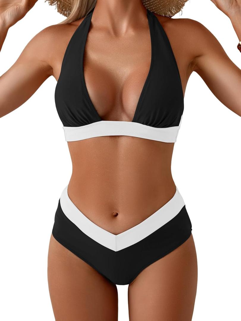 B2prity Women Halter Bikini Sets Sexy Deep V Neck Two Piece Swimsuits Color Block Bottom (Pink, L)