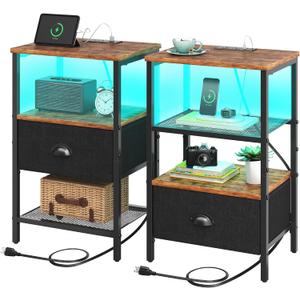 sthmec Nightstands Set of 2, LED Bedside Tables with Charging Station and Fabric Drawer, Night Stand with Storage, 3 Tier Side Table with Open Shelf, LED Nightstands with Charging Station,Rustic Brown