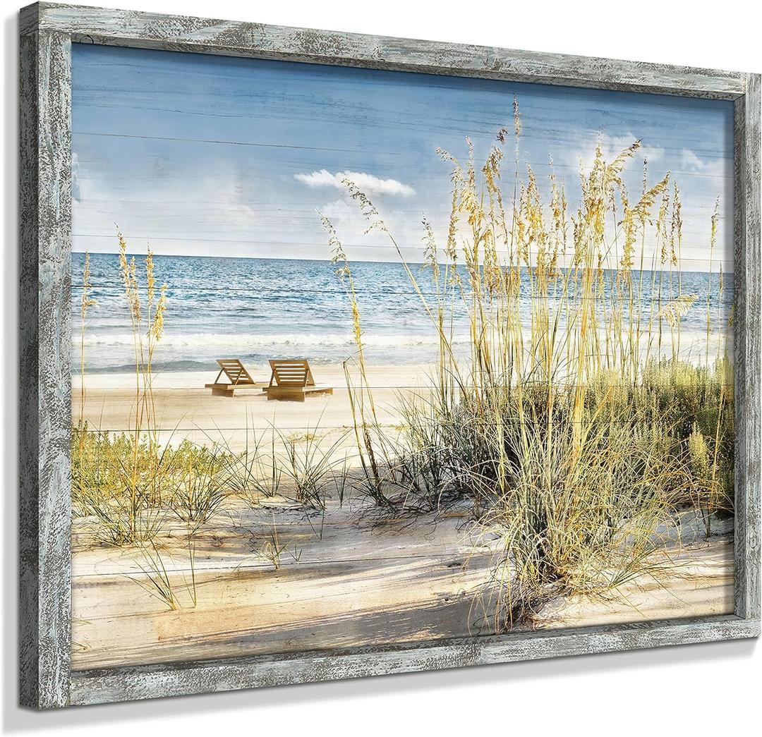 Beach Picture Wooden Artwork Framed: Coastline Wall Art Seascape Wall Decor Ocean Scene Art Prints for Bedroom 32"x24" (Blue Sea Wild Grass)