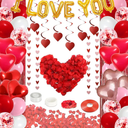 72 Pcs Valentines Day Decor Kit, Happy Anniversary Decorations - Balloon Set, 1000 Pcs Dark-Red Rose Petals, "I LOVE YOU" banner, Multi Decors For Romantic Decorations Special Night