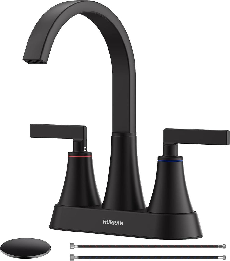 Cobbe Waterfall Bathroom Faucets 3 Hole, Matte Black Bathroom Sink Faucet Square 4 Inch Centerset with Pop-Up Drain, 2 Handle and 2 Supply Hoses, Lead-Free Stainless Steel for Vanity Sink Rv