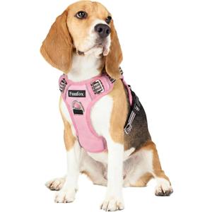 Funfox Dog Harness Medium No Pull, Adjustable 2 Clips Anti-Pull Vest with Practical Handle, Breathable Padded Pet Harness Designed for Small/Large Breeds, Reflective Training Walking Pink M