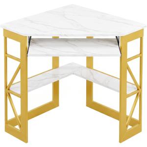 VECELO Corner Computer Desk 41 x 30 inches with Smooth Keyboard & Storage Shelves for Home Office Workstation, White & Gold