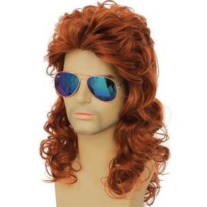 Mens Orange Mullet Wig Long Curly 80s Rocker Wigs Cosplay Halloween Costumes Party Hair Wig for Male Guys(Orange)