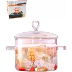 2L Pink Glass Simmer Pot, 2000ml/2.2Qt/68oz, Glass Pots for Cooking on Stove,Heart-shaped Lid,Heat Resistant,Oven Gas Electric Stove Dishwasher Safe for Potpourri Pasta Soups