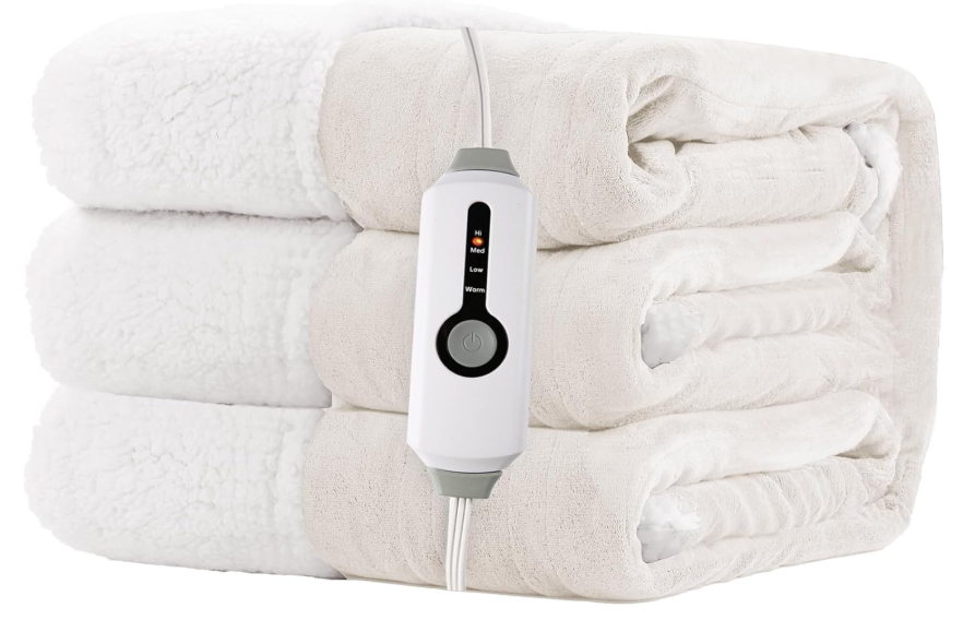 Electric Heated Blanket Twin Size 62"x84" - Dual-Sided with Microplush & Sherpa Fabric, 4 Heat Settings & 10 Hours Auto Off, Machine Washable - White