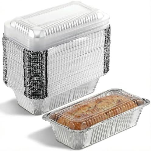 IMengjbang 50 Pack Disposable Bread Pans with Lids for Baking, 1.5lb Aluminum Foil Loaf Pans Bakeware Set Food Storage Containers Pastry Boxes for Cakes, Bread, Meatloaf, Baking Storing Takeout