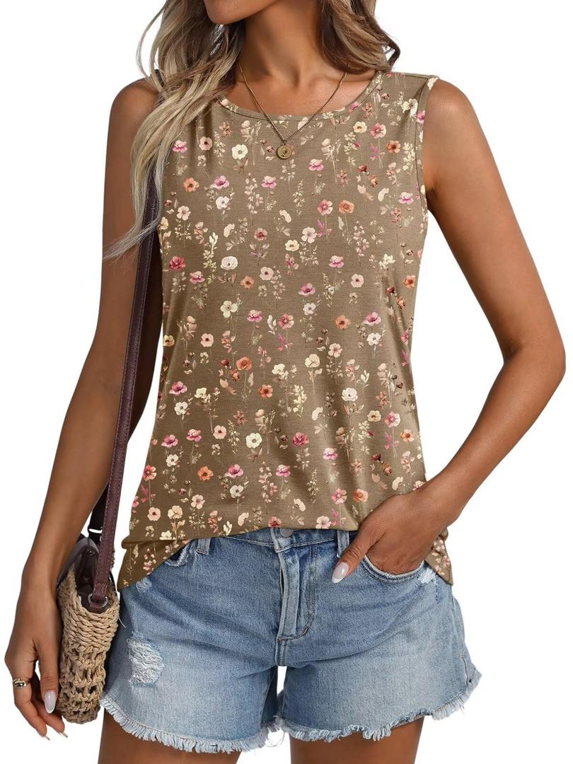 ORANDESIGNE Womens Floral Tank Tops Crewneck Sleeveless Shirts Casual Summer Loose fit Top Wlidflower Khaki Medium