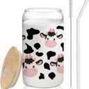 Cute Cow Glass Cup Gifts with Lids and Straws 14oz, Cow Print Gifts for Cow Lovers, Cow Print Stuff Glass Coffee Tumbler Drinking Jars with Cleaning Brush