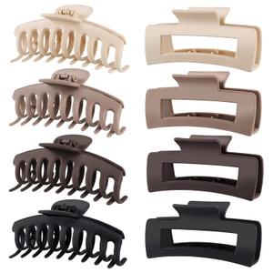 TOCESS Large Hair Claw Clips for Women Girls, 8PK Neutral Matte Jumbo Square Hair Clips for Thick, Thin, Long, Short, Curly Hair, Big Jaw Clip Set for Daily Use (Assorted C.Black, Brown, Beige, Khaki)
