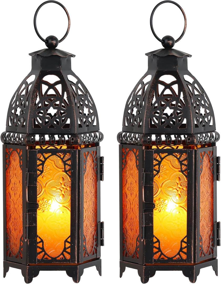 DECORKEY Set of 2 Moroccan Lanterns Decorative Indoor & Outdoor, 11 Medium Size Vintage Metal Hanging&Tabletop Candle Holder Decor, Halloween Christmas Ramadan Decorations for Home (Amber)