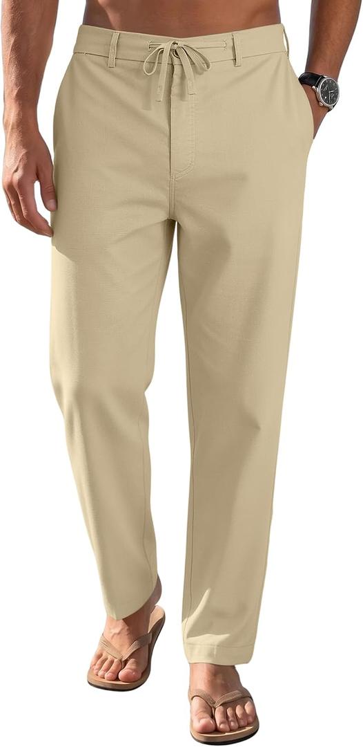 Mens Linenl Pants Casual Loose Straight Elastic Suit Waist Drawstring Trousers Lightweight Beach Vacation Pants (Beige, L)