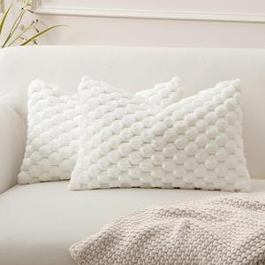 MIULEE White Faux Fur Lumbar Decorative Throw Pillow Covers 12x20 Inch Set of 2 Super Soft Cozy Plush Cushion Cases Luxury Fluffy Pillowcases for Sofa Couch Bed Living Room