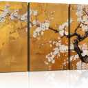 3 Pcs Framed Japanese Golden Plum Blossom Flower Wall Art Decor Canvas Print Picture Traditional Woodblock Print Style Farmhouse Poster Gallery Bedroom Living Room Office 16x24 Inch Ready to Hang