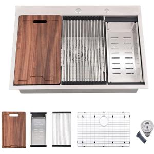 28 Inch Drop In Kitchen Sink - VOKIM 28x22Inch Top Mount sink Workstation 16 Gauge Stainless Steel 10'' Deep Handmade Single Bowl Kitchen Sink with Cutting Board& Strainer