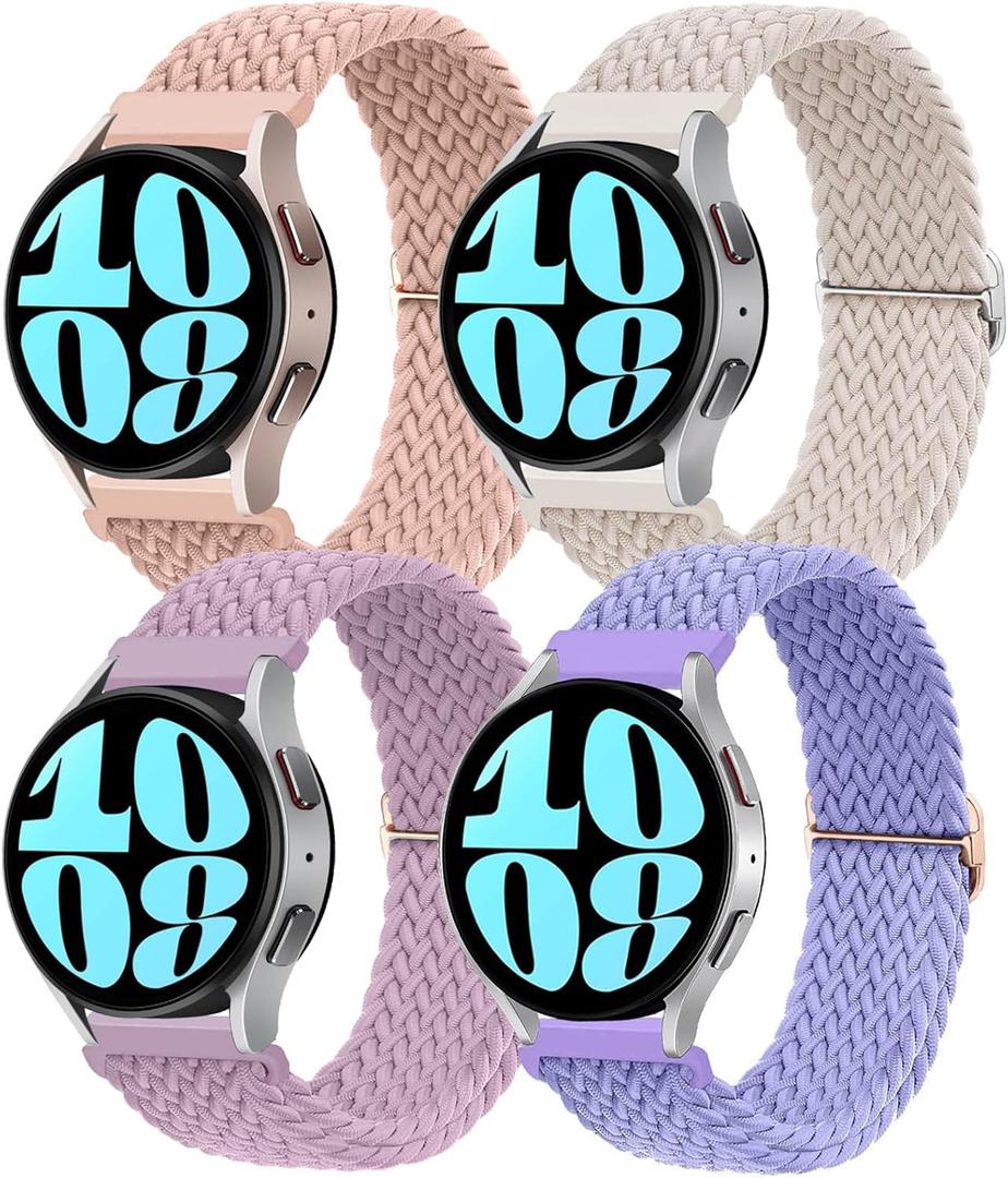 20mm Braided Elastic Bands for Samsung Galaxy Watch 7/FE/6/6 Classic 40mm 44mm 43mm 47mm 42mm 46mm Solo Loop Band, Adjustable Stretchy Nylon Fabric Sport Wristbands for Samsung Watch 7/6/5/4 (Pink/Starlight/Lilac/Lavender)