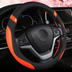 Cute Leather Steering Wheel Cover for Men and Women, Non-Slip Grip Universal Fit for Cars Trucks and SUVs (Orange)