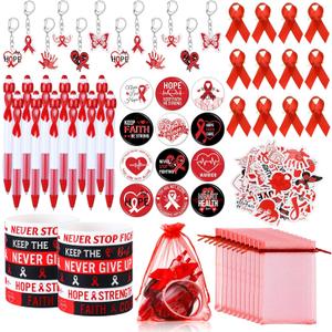 122 Pcs Ribbons Awareness Accessories Includes Ribbons Bracelets Stickers Pins Pens Keychain for School Charity Fundraiser Public Activities Supplies(Red Ribbon,Red)