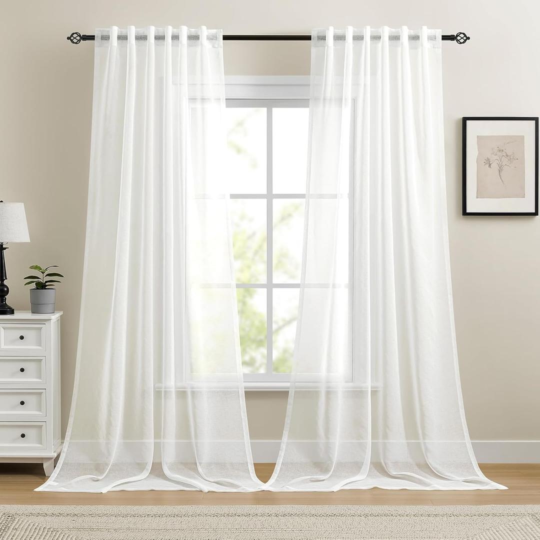 Dreaming Casa White Sheer Curtains 102 Inches Long, Rod Pocket & Back Tab Light Filtering Textured Sheers for Living Room Bedroom, 2 Panels, Each 52" W x 102" L