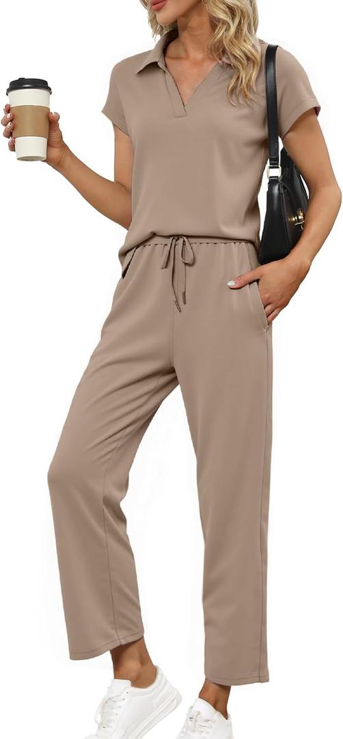 Glamaker Womens 2 Piece Summer Outfit Lounge Set Cap Sleeve Polo Top And Pant Set Tracksuit Travel Matching Outfit 2026 (Brown, S)