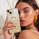 NITITOP Compatible with iPhone 14 Case Cute Clear Glitter [Compatible for MagSafe] Plating Heart Sparkle Bling Magnetic Girl Women Electroplated Frame Camera Protection Back Cover - Gold