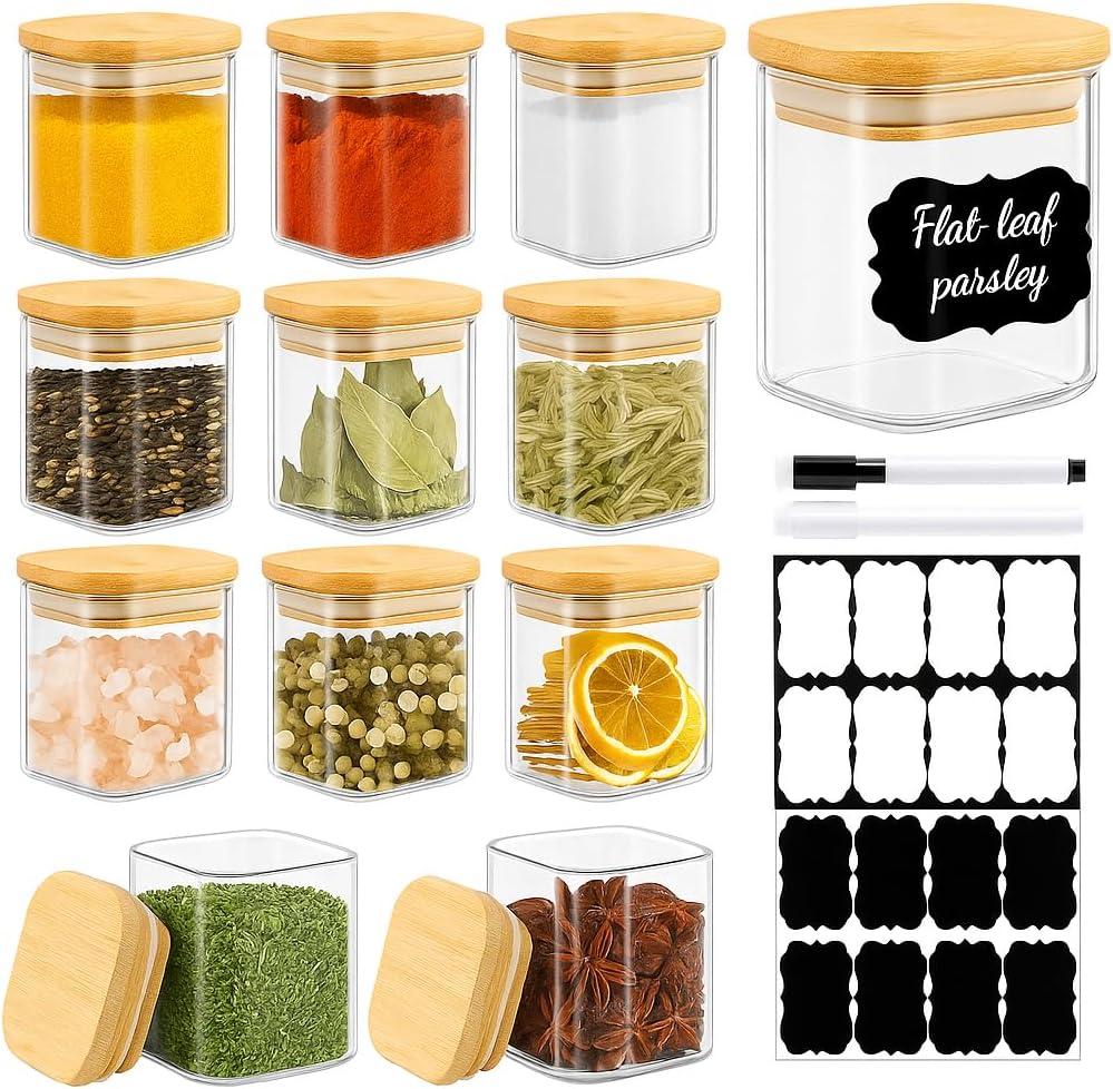 TBWIND 12 Pack 4 oz Square Glass Spice Jars with Lids and Labels Airtight Small Seasoning Containers Set, Clear Glass Storage Jars for Seasoning, Spices, Kitchen Pantry Organization