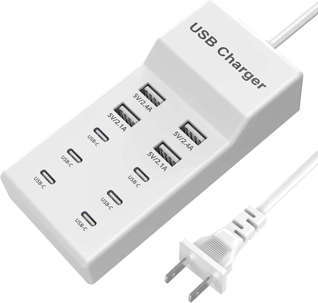 USB C Charger,10 Ports USB Charger Station with 6 Ports USB-C Charging Hub, Desktop 50W Multi Port Charging Compatible with iPhone 12/13/14/15/16/Samsung S22/S23/S24/Tablet/Watch/Headphones (10 port 6 USB C-white)