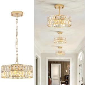 Small Gold Crystal Chandeliers, Modern Semi Flush Mount Chandelier 4-Light Drum Crystal Ceiling Pendant Light Fixture 12 for Foyer Entryway Kitchen Hallway Dining Room