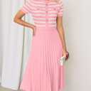 ZESICA Women's 2026 Casual Striped Midi Dress Crewneck Short Sleeve Button Ribbed Knit Swing Pleated A Line Dresses (Pink, S)