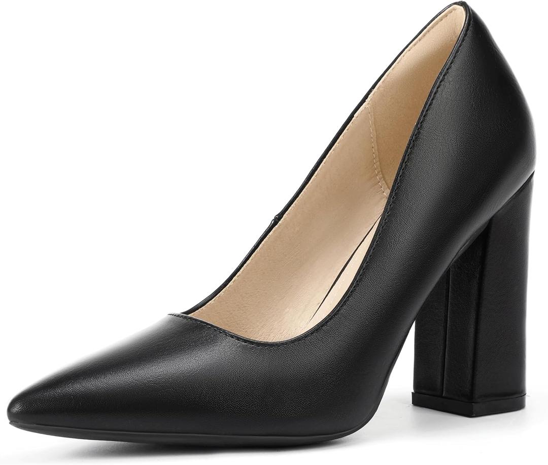IDIFU IN4 Women's Pumps - Closed Toe Heels with Chunky Block Heels - Thick Pointed Toe Dress Shoes for Women - Wedding, Prom, Bridal, Office, Business - Comfortable, Formal, Fashion, Classic Pumps (9, Black Pu)