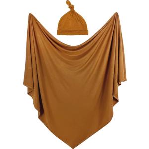 iEvolve Cotton Knitted Baby Swaddle Blanket with Hat Headband Set Newborn Swaddle Wrap Receiving Blankets for Baby Girl Boy 35" x 35"(Ginger)