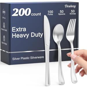 200 Count Heavy Duty Silver Plastic Silverware, 100 Forks, 50 Spoons, 50 Knives, BPA-Free, Heat Resistant, Disposable Plastic Utensils Set Cutlery Set, Plasticware Bulk