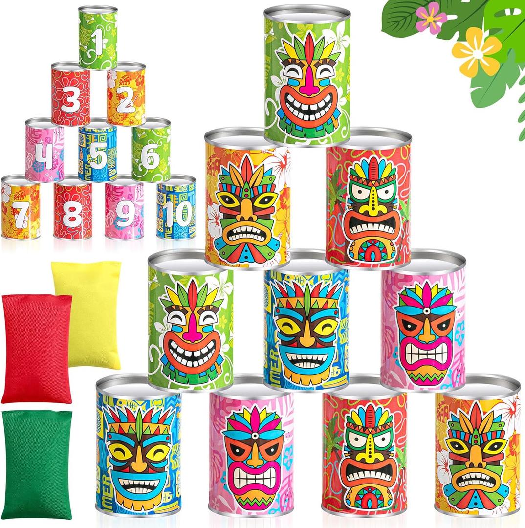 Luau Party Games Tiki Can Toss Game Bean Bag Toss with 10 Tin Cans and 3 Bean Bag for Summer Luau Family Birthday Tropical Hawaii Aloha Indoors Outdoors Activities Party Supplies