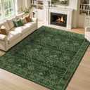 Washable 8x10 Area Rug for Spring Living Room Bedroom Dining Room Under Kitchen Table,Non-Slip Low Pile Stain Resistant Soft Large Carpet for Vintage Floral Oriental Home Decor Grass Green