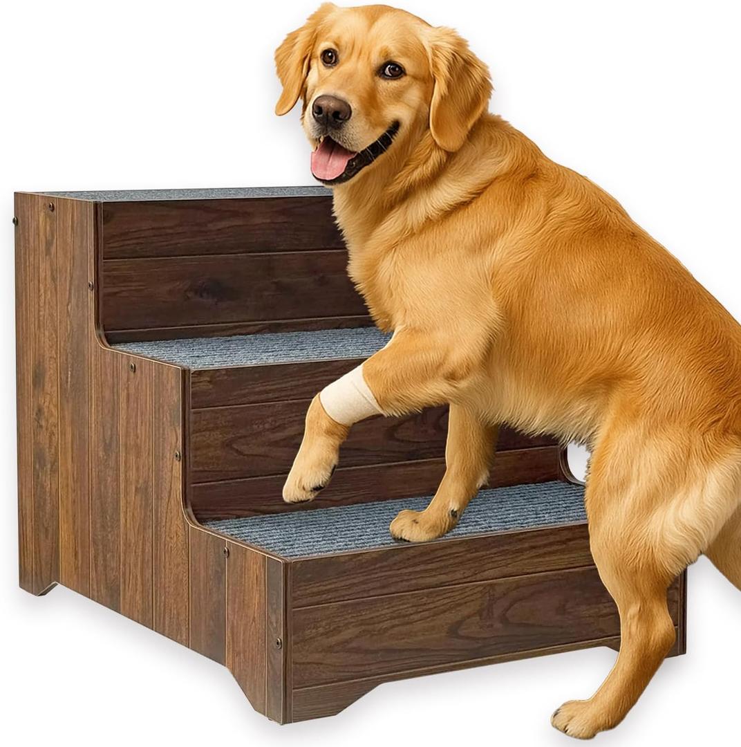 Furniture Dog Stairs for Large Dogs, Wooden Wide Pet Steps, Non-Slip 3-Step Stable Dog Ladder for High Bed, Couch, Sofa Upgraded Solid Stair for Senior, Injured, Recovering, Short-Legged Pets, Walnut