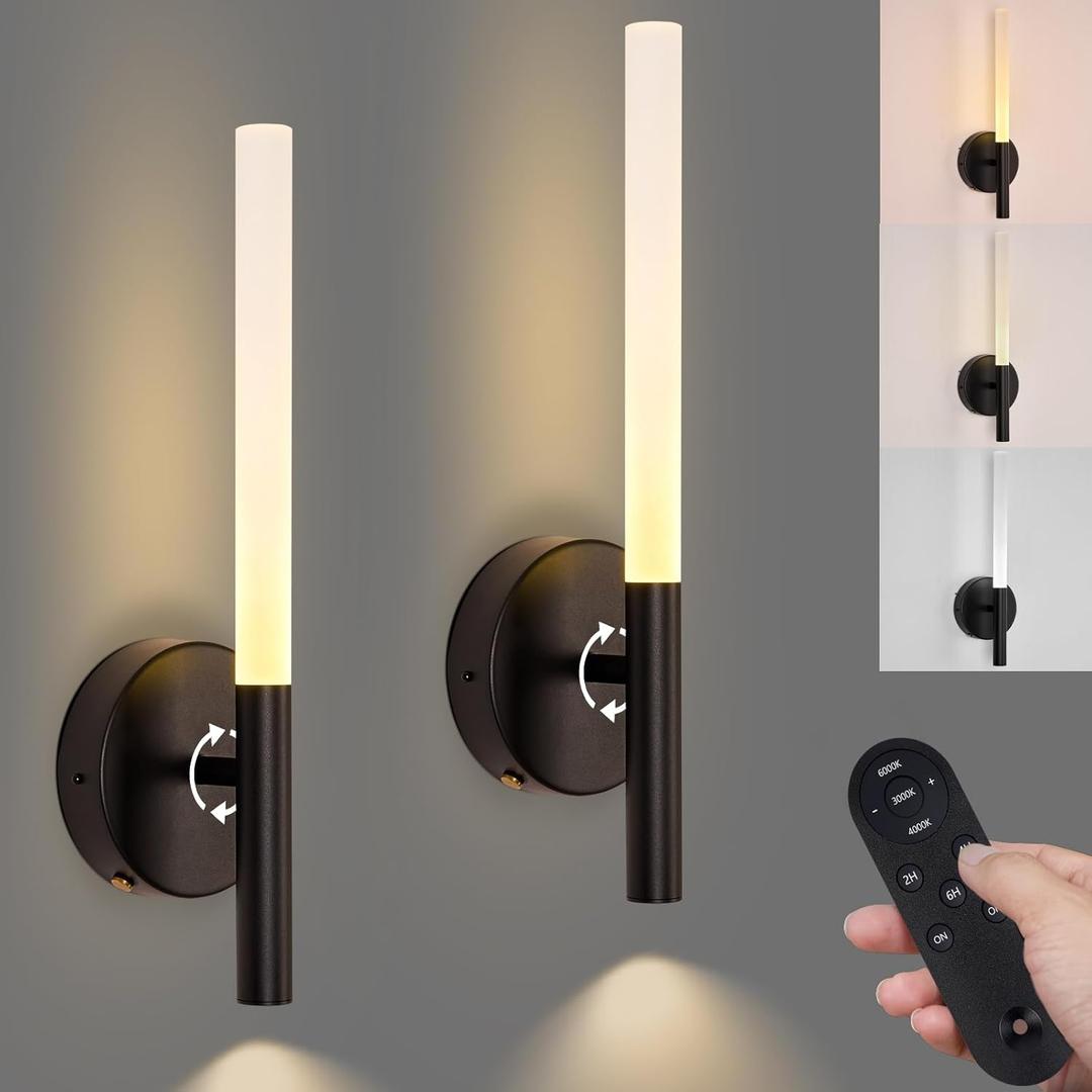 Battery Operated Wall Sconces Set of Two with Remote Control, 360Rotation Wireless Rechargeable Wall Lights, 3000K-6000K & Dimming LED Wall Lights for Living Room Bedroom Bathroom Hallway 15.7inch (Black)