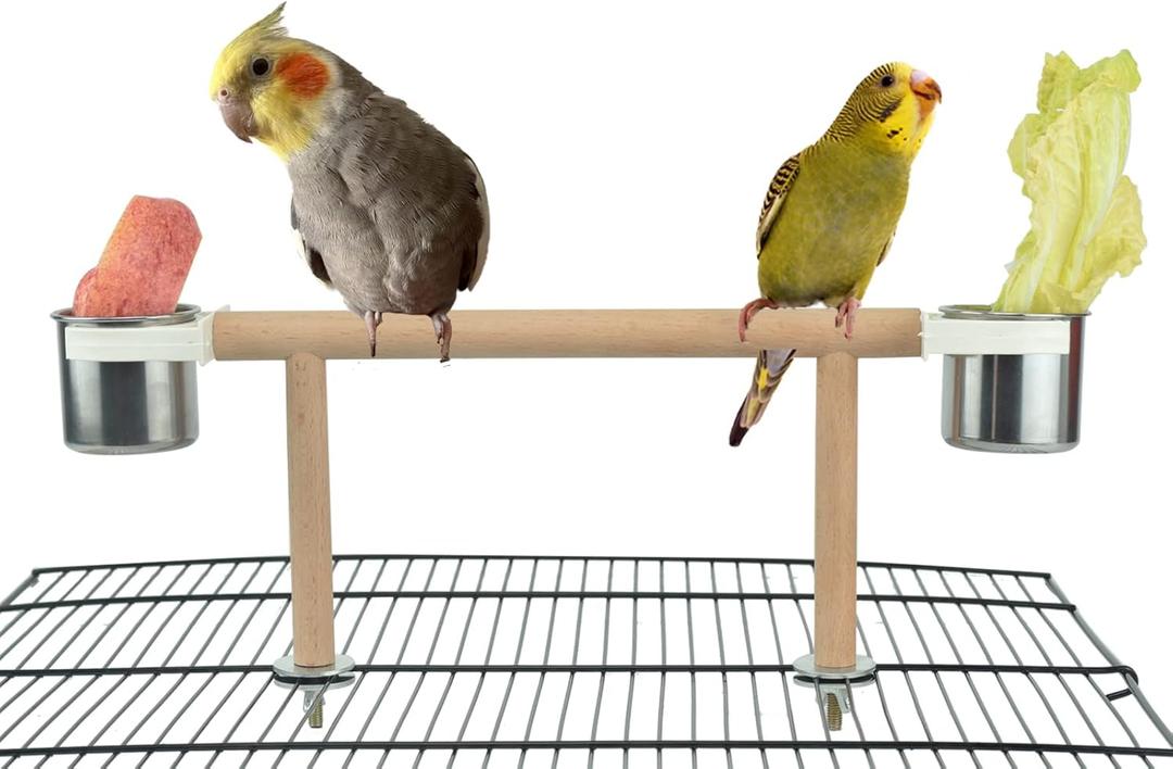 Bird Feeder & Water Dish Set, Beech Wood Made Cage Top Bird Feeder Perch with Stainless Steel Cups, Playground Accessories for Parrots Cockatiels Finches