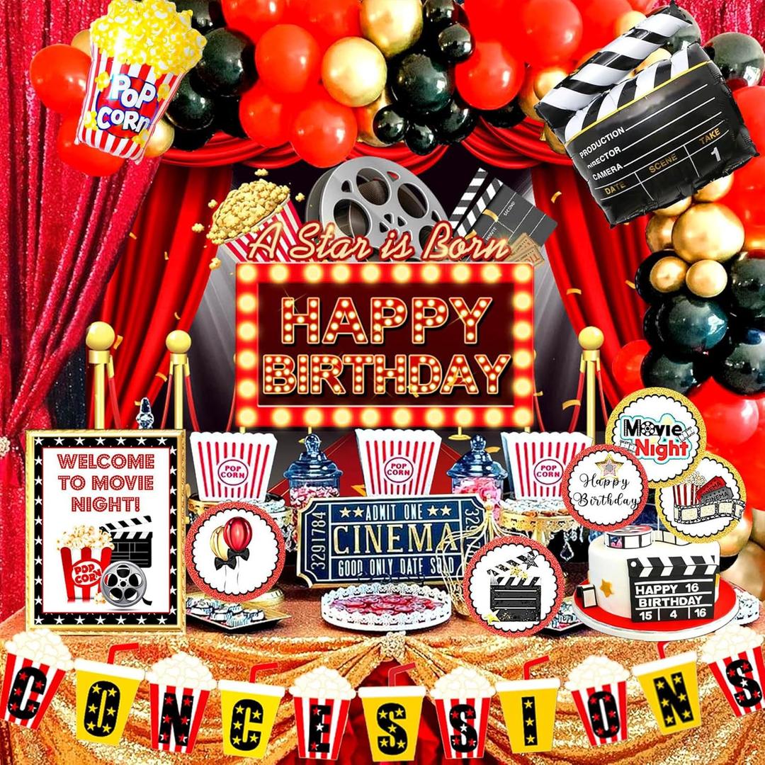 Movie Theme Birthday Party Decorations, Movie Theater Decorations, Backdrop, Balloons Arch,Popcorn Camera Clapboard foil balloons for Movie Night Birthday Party Decorations