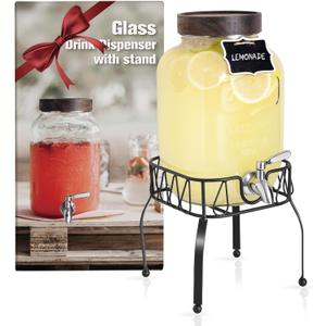 Mustry Glass Drink Dispenser for Parties, 1 Gallon Beverage Dispenser with Stand and Spigot Solid Stainless Steel, Used as Lemonade Dispenser Sun Tea Jar Kombucha Jar