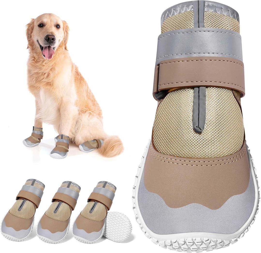 DcOaGt Dog Shoes Large Size Dogs,Mesh Breathable Dog Boots & Paw Protectors for Hot Pavement Summer Winter Snow, 360Anti-Slip Dog Booties with Reflective Strips for Hiking/Walking,Khaki 4PCS (Size 8)