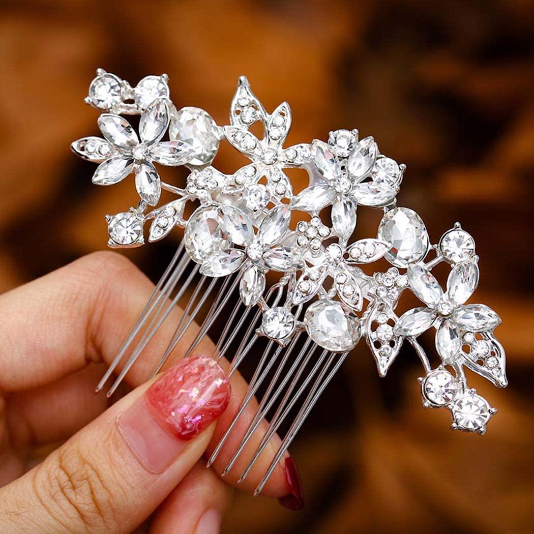 Foyte Crystal Bride Wedding Hair Comb Silver Flower Bridal Headpieces Leaf Hair Pieces Rhinestone Bridesmaid Side Combs Hair Accessories for Women 