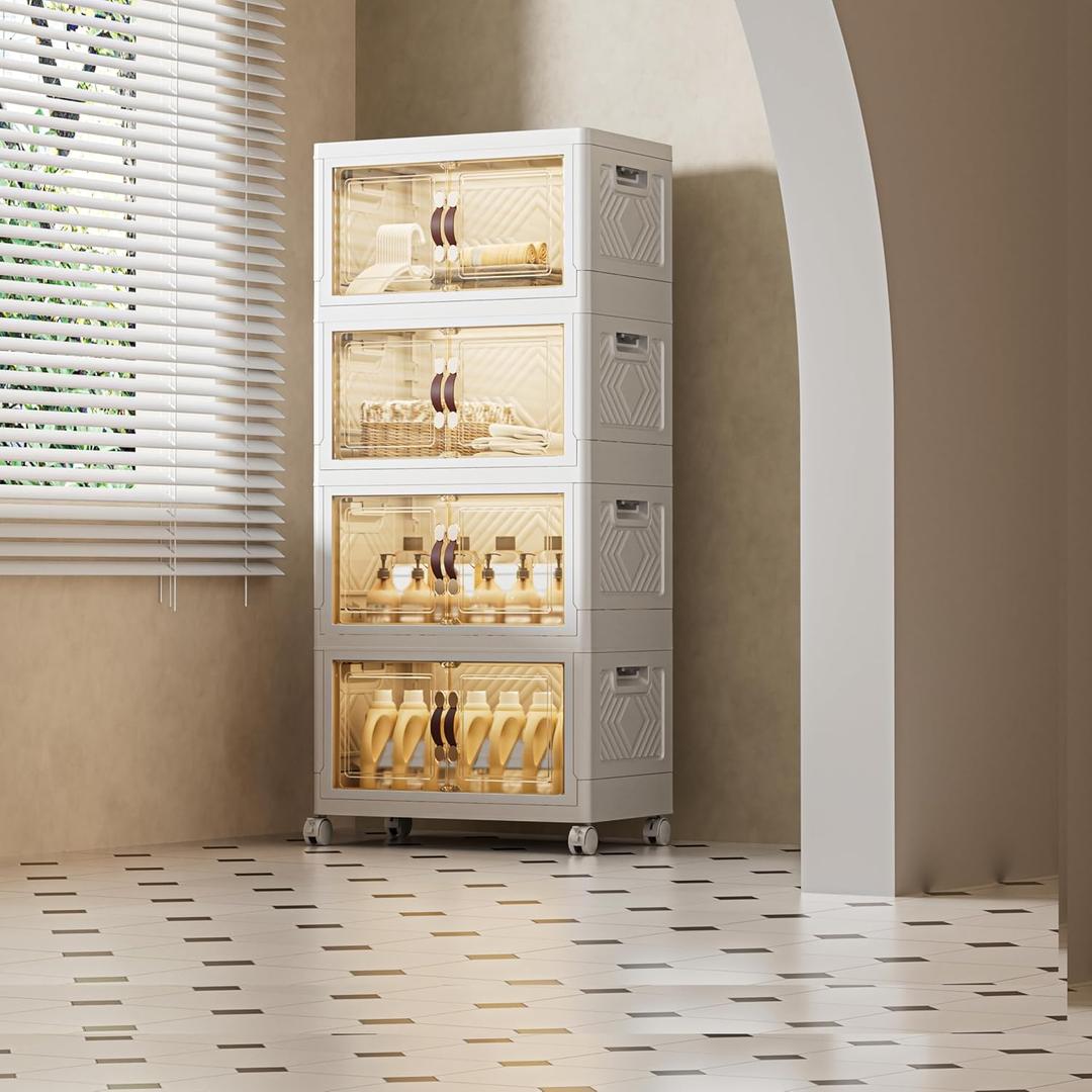 144 QT / 36 Gal Stackable Storage Bins (1 Lid) w/Wheels & Magnetic Doors, Collapsible Plastic Organizer Cabinet for Closet Office Garage - White Storage Containers