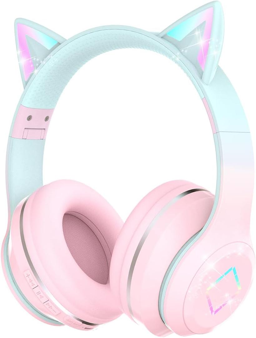 Bluetooth Kids Headphones, Cat Ear LED Light Up Kids Wireless Headphones, Bluetooth 5.1&Stereo Sound, Foldable, Adjustable Headband, Children Headphone with Microphone for School/Tablet (Pink)