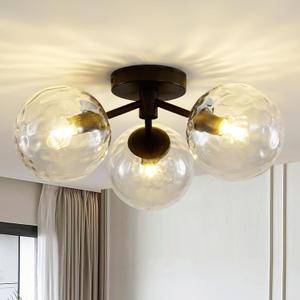 Black Globe Semi Flush Mount Ceiling Light Hammered Glass Ceiling Lights, Hammered Clear Glass