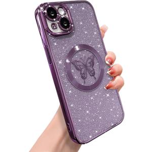 for iPhone 13 Case Magnetic,Soft Cute Luxury Butterfly Pattern Plating Glitter Bling Phone Case Compatible with MagSafe Clear Shockproof Back Cover for Women Girl 6.1"-Purple