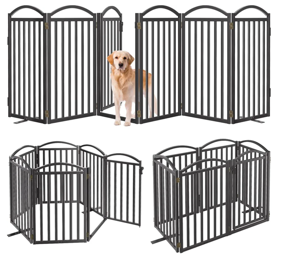 Malier Metal Freestanding Dog Gates with Door, 36'' Height Outdoor Indoor Dog Fences, Extra Wide Foldable Puppy Gate for Stairs (Black, 【6 Panels with Door】 120''W × 36''H)