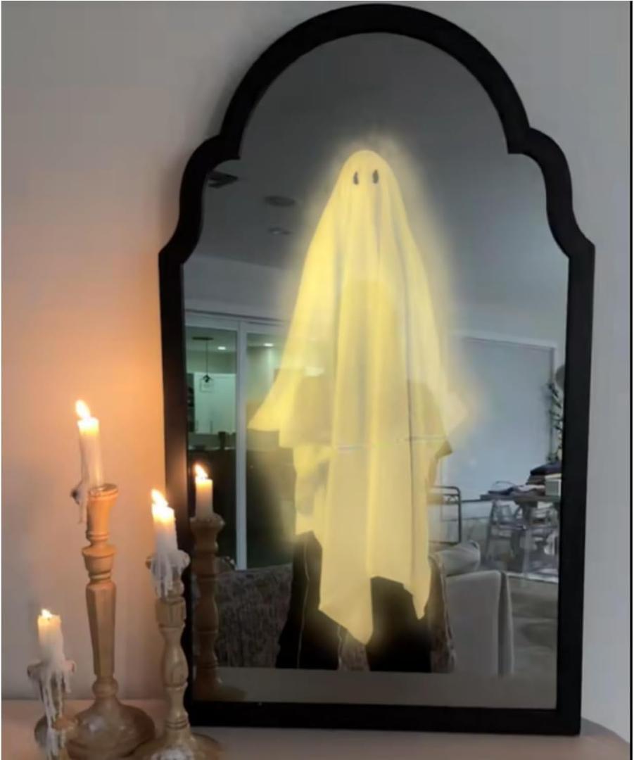 2025 Halloween Hologram Ghost Mirror  LED Spooky Haunted Mirror with Creepy Eyes, Indoor Halloween Wall Decor for Bedroom, Living Room, Fireplace, DIY Haunted House Props (Wavy Border, White Light) (Black-1)