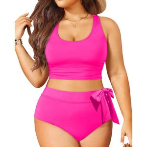 Tempt Me Plus Size Two Piece Swimsuits - Women High Waisted Bikini Scoop Neck Bathing Suit Swimwear Hot Pink 18 Plus